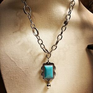 Turquoise Pendant Silver Chain Link Necklace